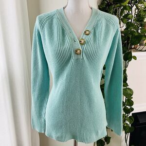 Appleseed's Aqua Blue Tight Knit Linen - Cotton Blend Soft Cozy Sweater - Medium